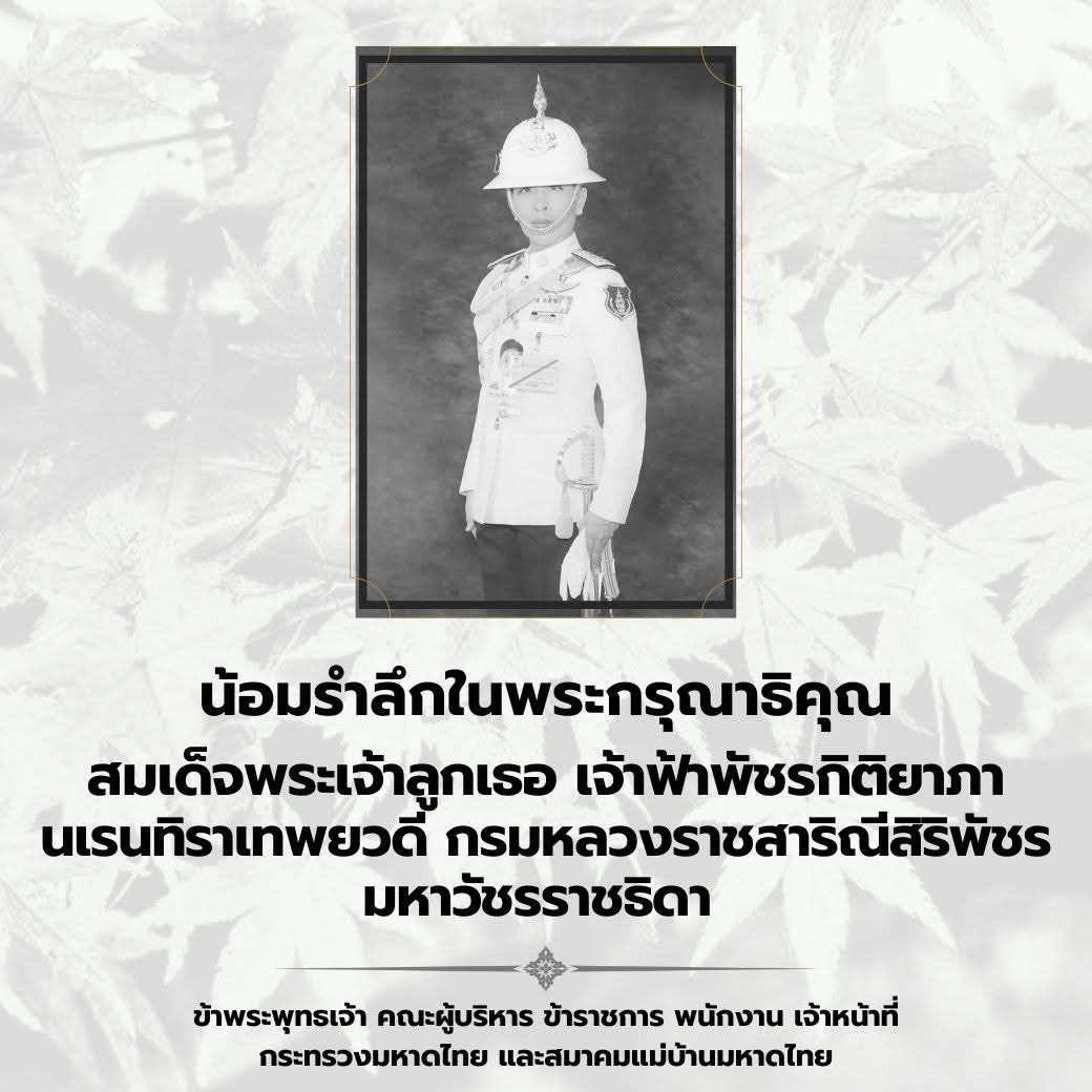 ขอน้อมถวายความอาลัยอย่างสุดซึ้ง และน้อมรำลึกในพระมหากรุณาธิคุณอันหาที่สุดมิได้ สมเด็จพระเจ้าลูกเธอ เจ้าฟ้าพัชรกิติยาภา นเรนทิราเทพยวดี กรมหลวงราชสาริณีสิริพัชร มหาวัชรราชธิดา ดูน้อยลง